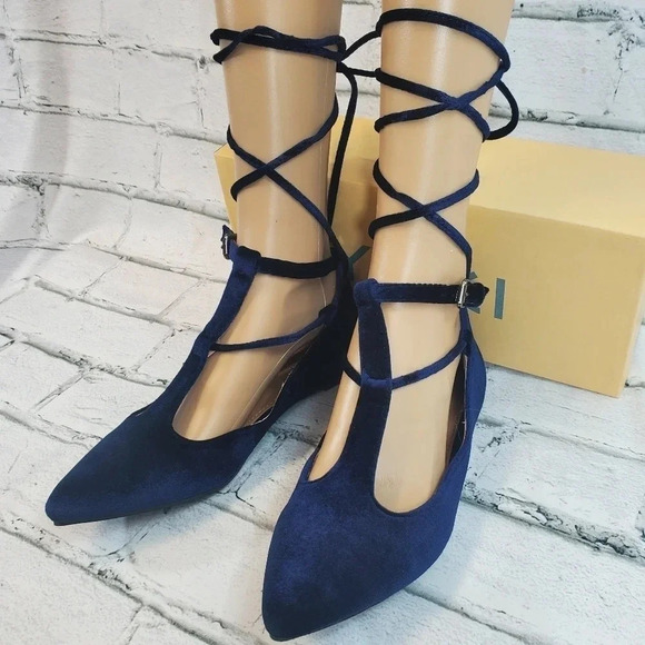 Yoki Shoes - YOKI URBAN 80 Navy Blue Velour Gladiator Laces Flats NWT